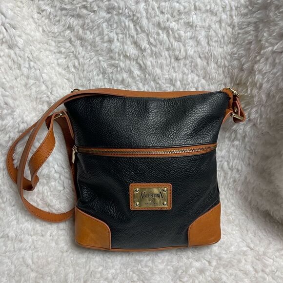 Valentina Handbags - Valentina Italia black pebble leather bucket style shoulder bag tan trim…